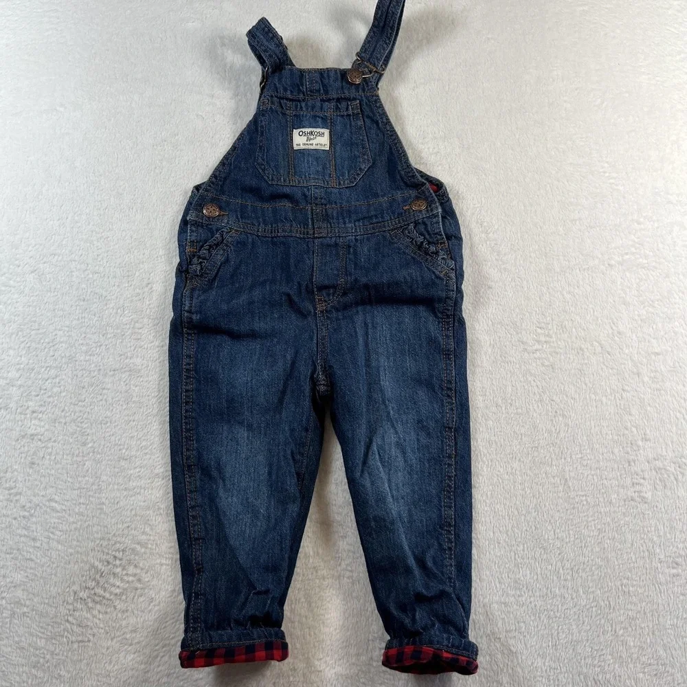 OshKosh B'gosh Overalls Kids 2T Blue Denim Lined Plaid Cuff Adjustable Strap